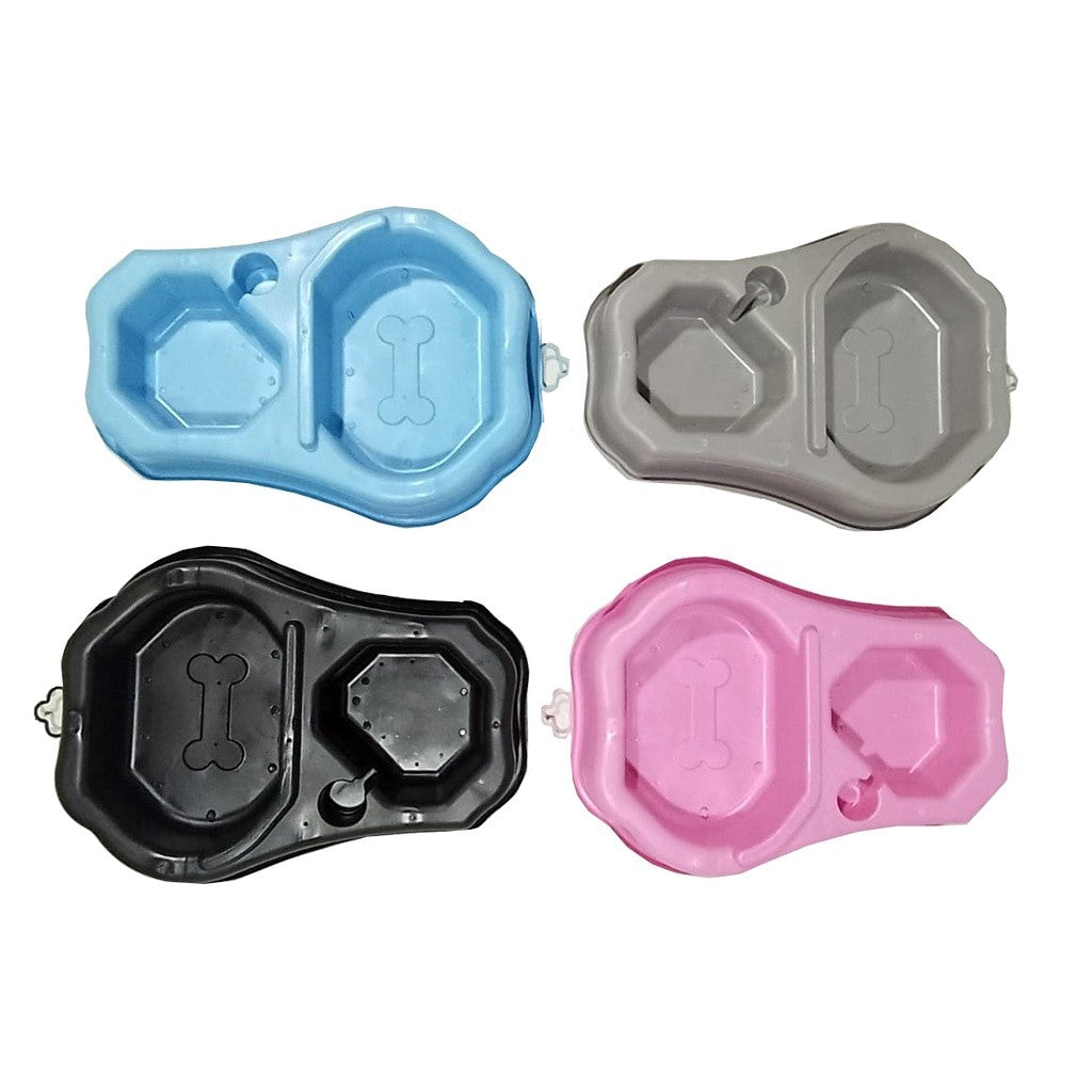 Comedouro e bebedouro duplo com suporte para garrafa.