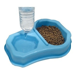 Comedouro e bebedouro duplo com suporte para garrafa.