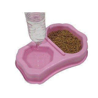 Comedouro e bebedouro duplo com suporte para garrafa.