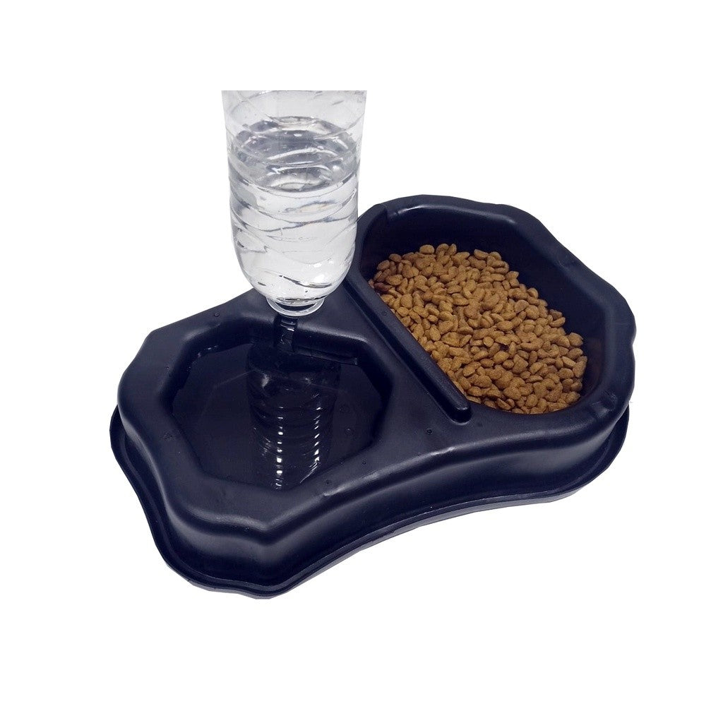 Comedouro e bebedouro duplo com suporte para garrafa.