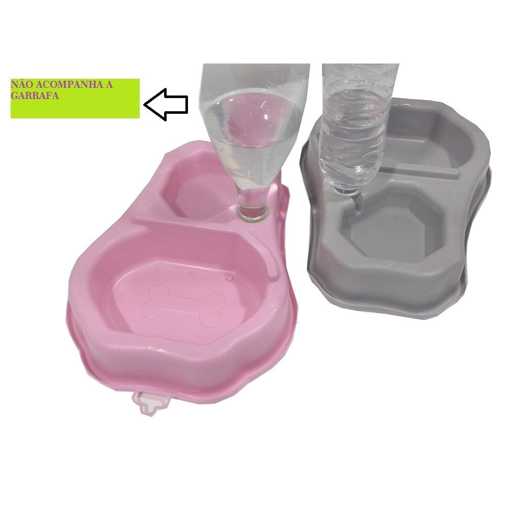 Comedouro e bebedouro duplo com suporte para garrafa.