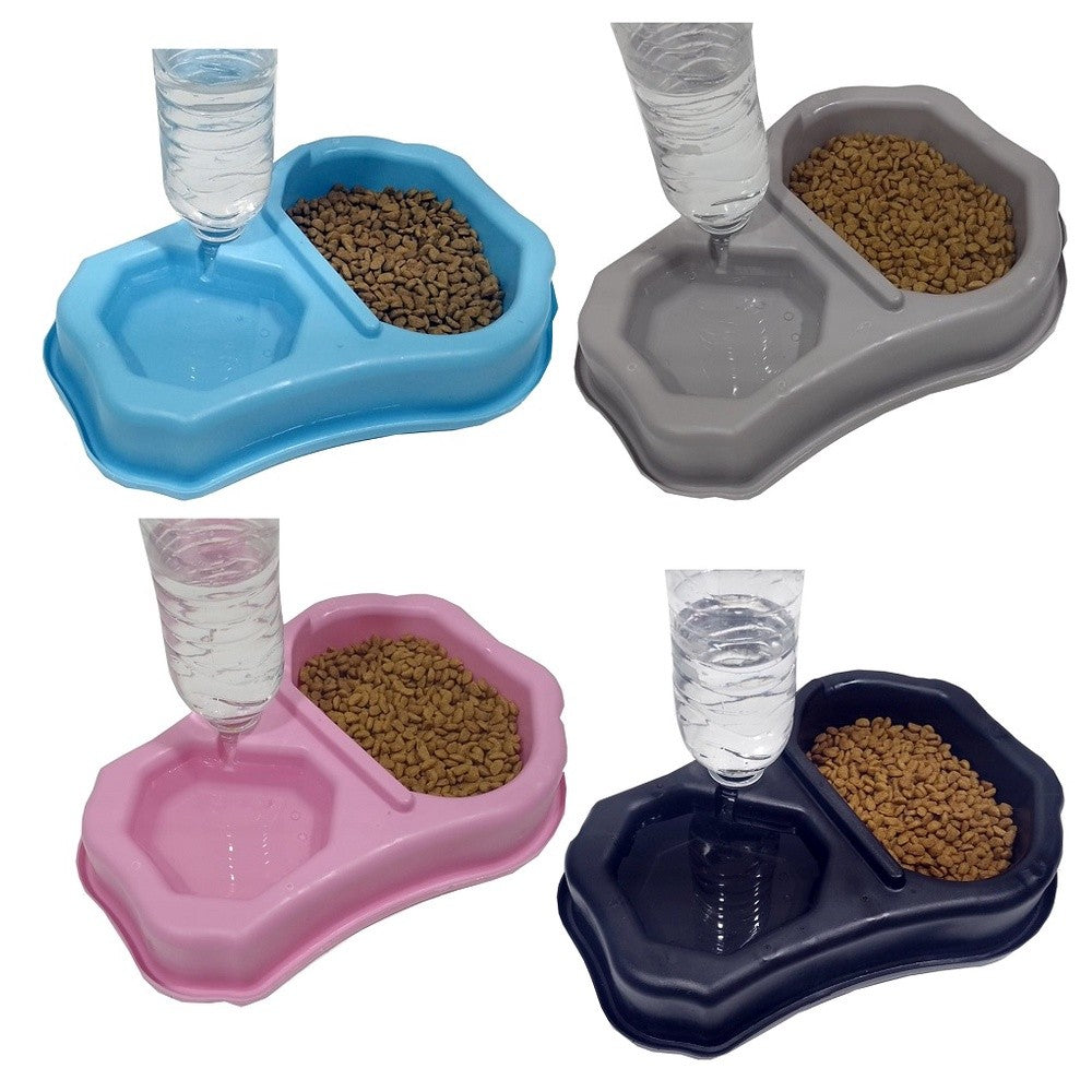 Comedouro e bebedouro duplo com suporte para garrafa.