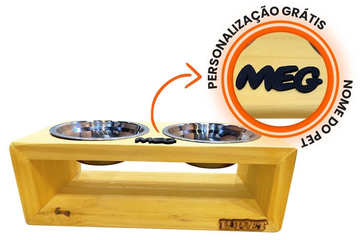 Comedouro de madeira com potes Inox